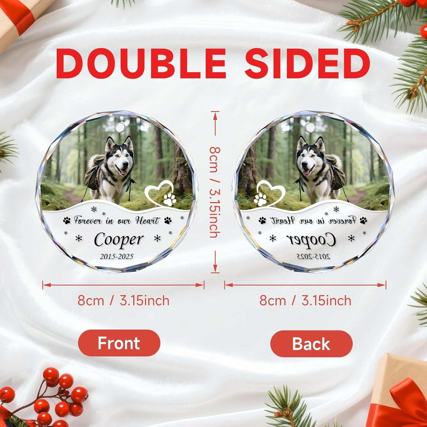 Personalized Pet Memorial Ornament - Custom Photo, Name & Dates - Forever in Our Hearts Glass Crystal Keepsake Ornaments - Dog Memorial Gifts for Loss of Dog, Cat