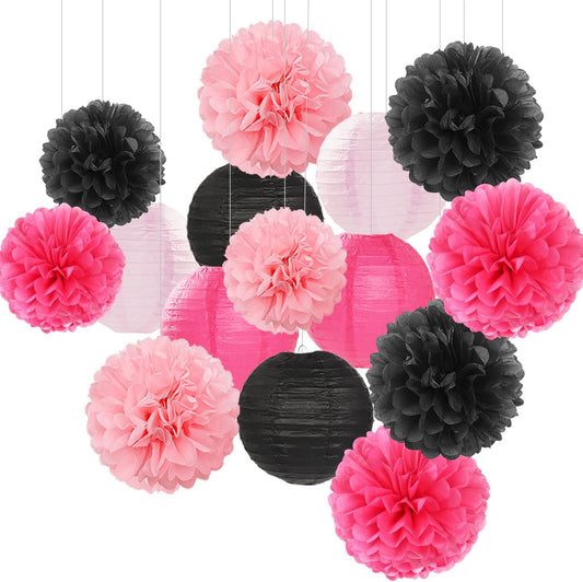 Hot-Pink Black Party-Decorations Paper Flowers Lanterns - 15PCS Graduation Birthday Tissue Pom Poms Streamers,Baby Girl Women Bachelorette Hanging Supplies Decor Hugfond
