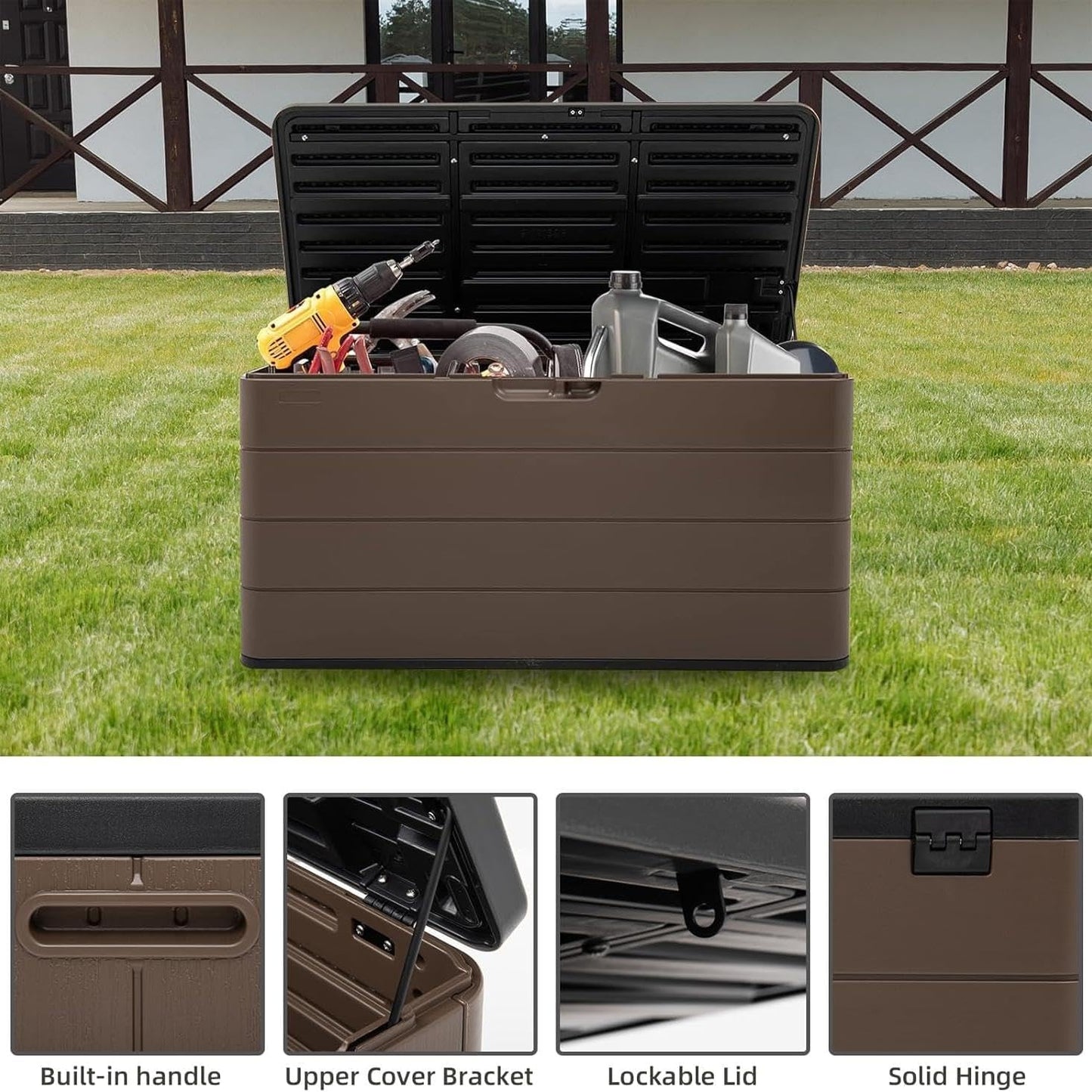 100 Gallon Plus Outdoor Storage Box Waterproof Lockable Resin Deck Box Large, Patio Storage Bin for Pool Accessories Cushion Furniture, Garden Tools, UV-Resistant Outside Delivery Brown