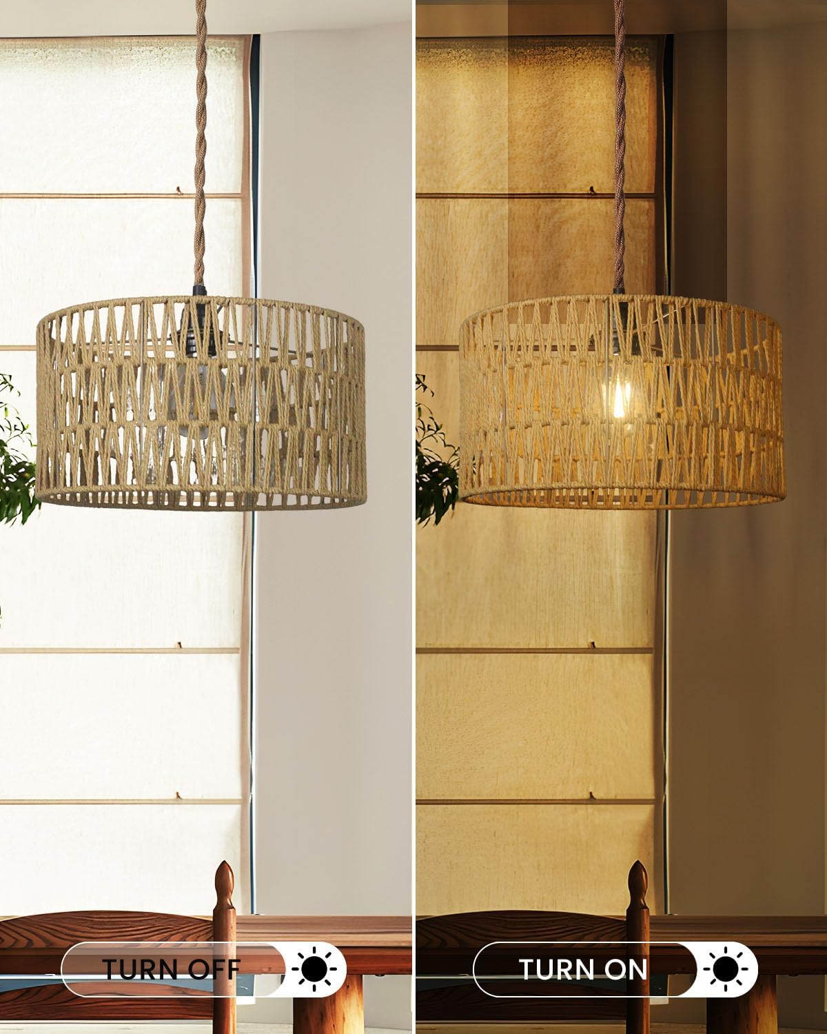 12.6 Inch Boho Hanging Light with Plug in Cord Rattan Hanging Lamp Hand Woven Rattan Wall Lightfor Bedroom, Living Room, Kitchen, Nursery, E26 Base, Indoor,Without Bulb