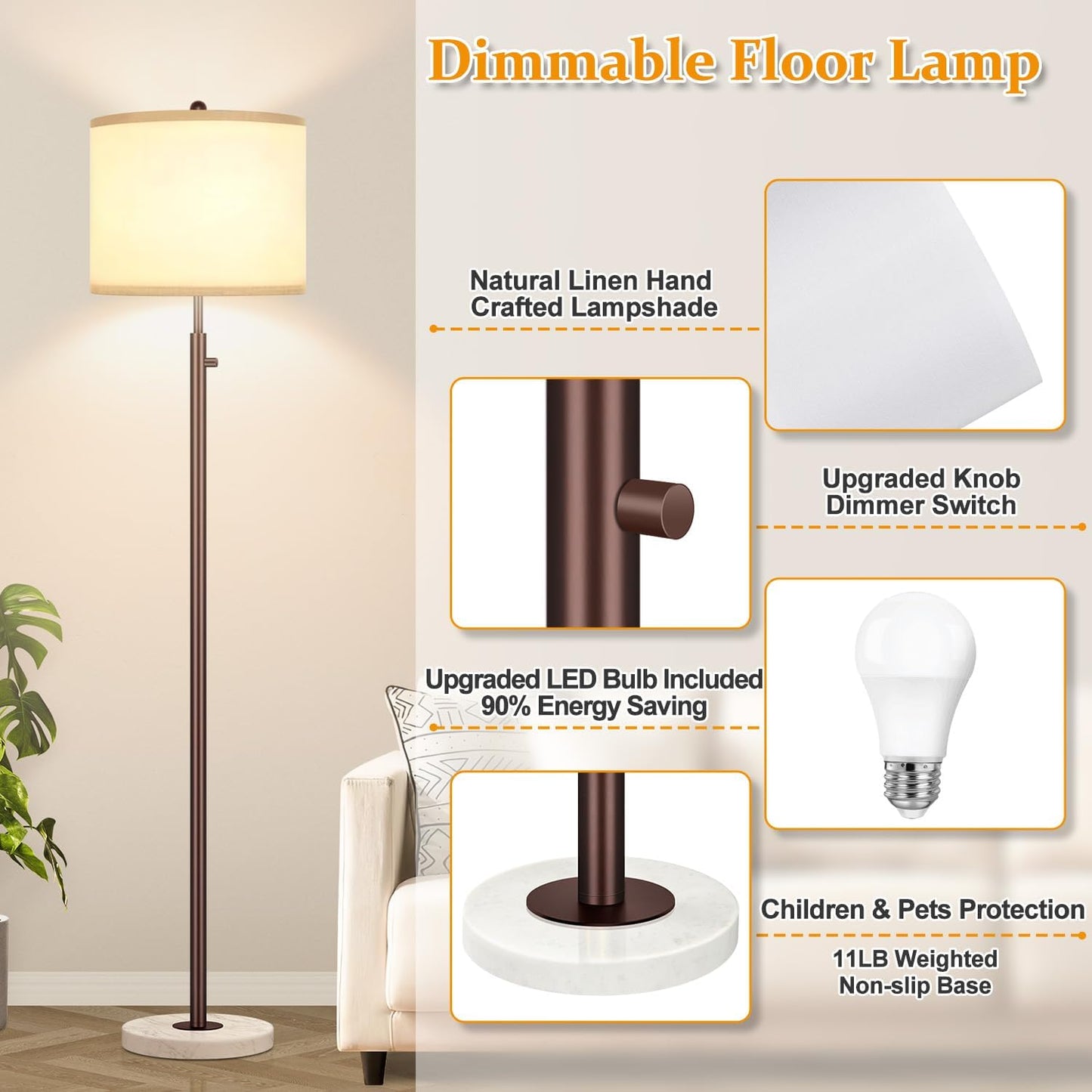 Nintiue 【Upgraded】 Dimmable Floor Lamp for Living Room, 11W LED Bulb Included, Modern Standing Lamp with Marble Base, Tall Pole Light with Linen Shade for Bedroom Reading Office Corner Nursery-Brown