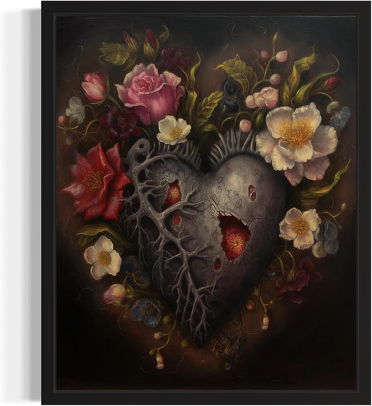 Gothic Heart Poster Art Print, Halloween Scary Vintage Wall Art Academia Spooky Painting Decoration for Horror Prints, Posters Bedroom Decor 89 (Gothic Heart, 11 x 14 inches, Black Frame)