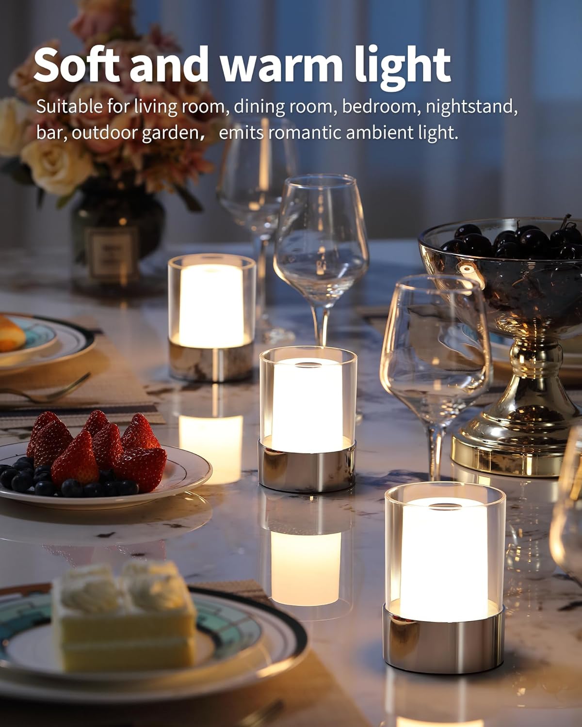 LED 4" inch Touch Night Light for Nursery Baby Kids Set of 2 (Chrome), Small Outdoor Waterproof Lamp for Bathroom Camping, Rechargeable Cordless Table Lamp for Bar Bedside Restaurant Gifts