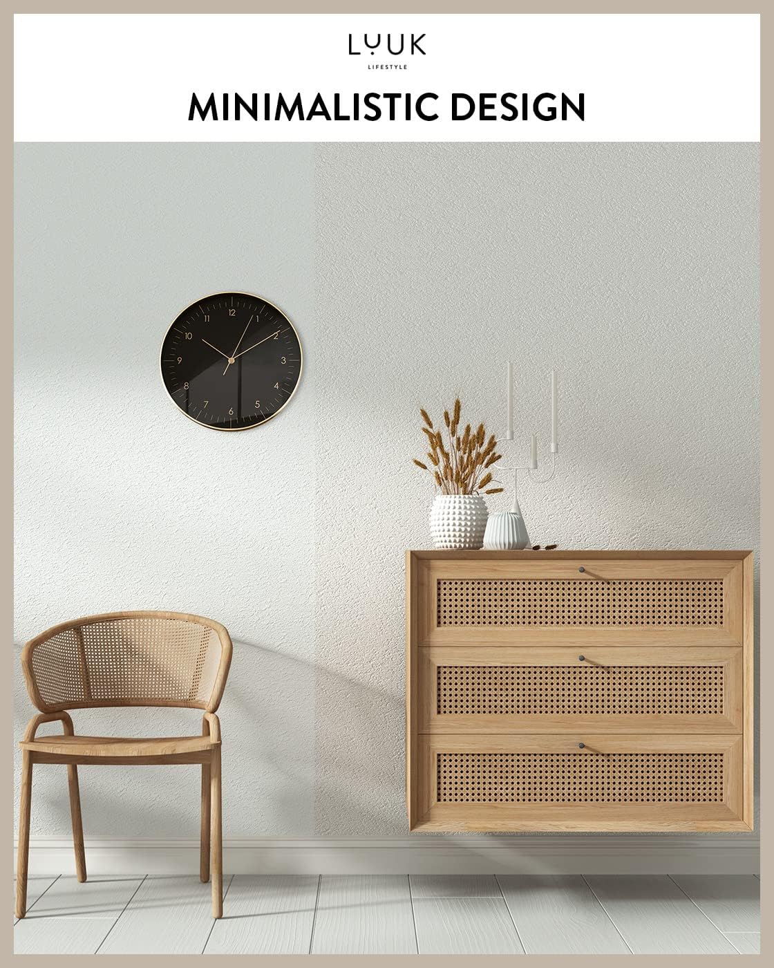 LUUK LIFESTYLE Modern Wall Clock with Silent Quartz Movement, Stylish & Functional, Decoration for Bedroom, 12 inch, in Black & Gold