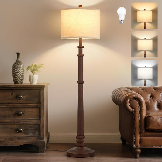 Floor Lamps for Living Room - 60" Resin Farmhouse Floor Lamp with 3 Color Temperatures - Vintage Standing Lamp Reading Light with Linen Shade Tall Lamp for Bedroom Office, Reddish Brown