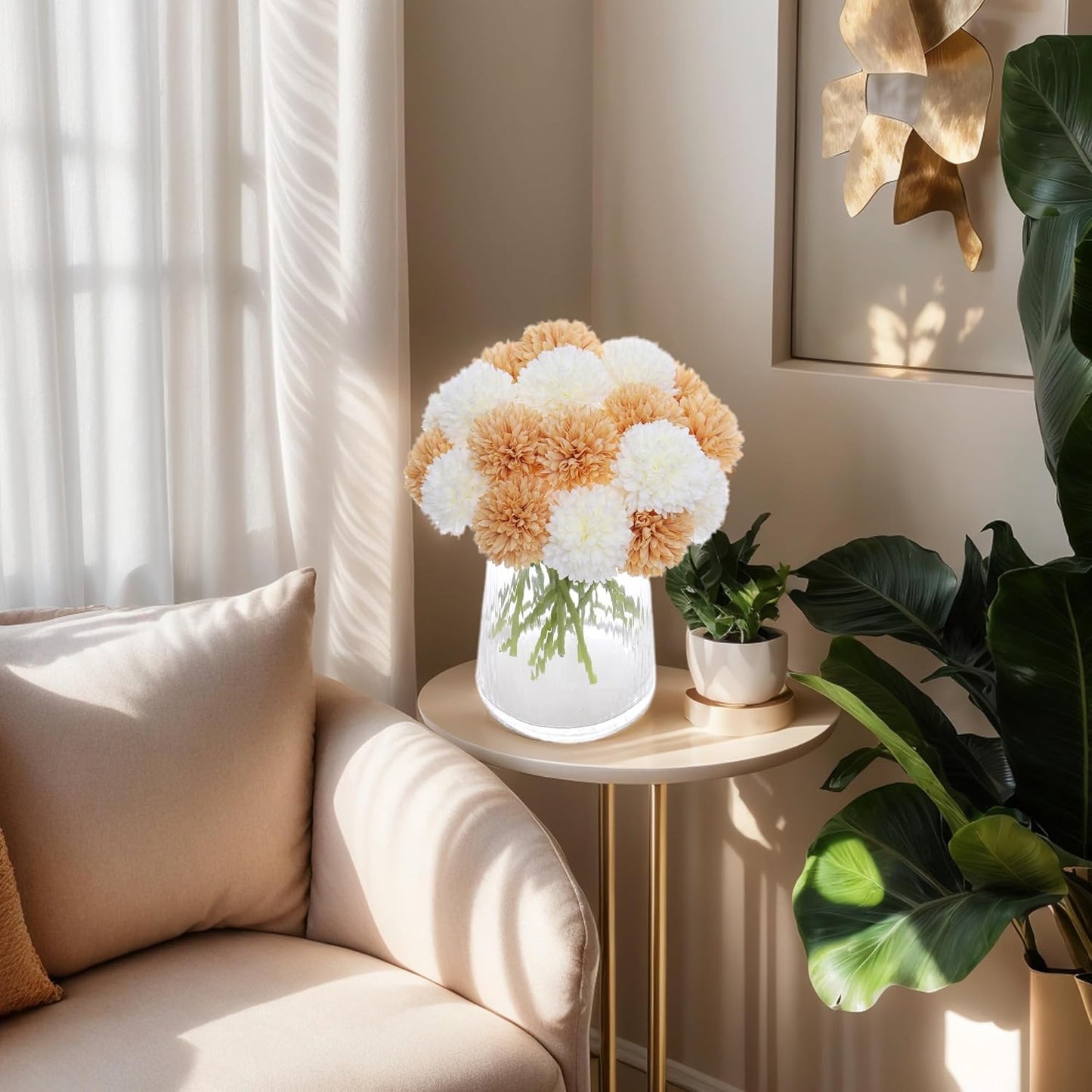 Kimura's Cabin 20Pcs Fake Mums Flowers Artificial Silk Chrysanthemum Faux Ball Flowers for Spring Wedding Arrangements Home Indoor Kitchen Table Centerpiece (White Champagne)