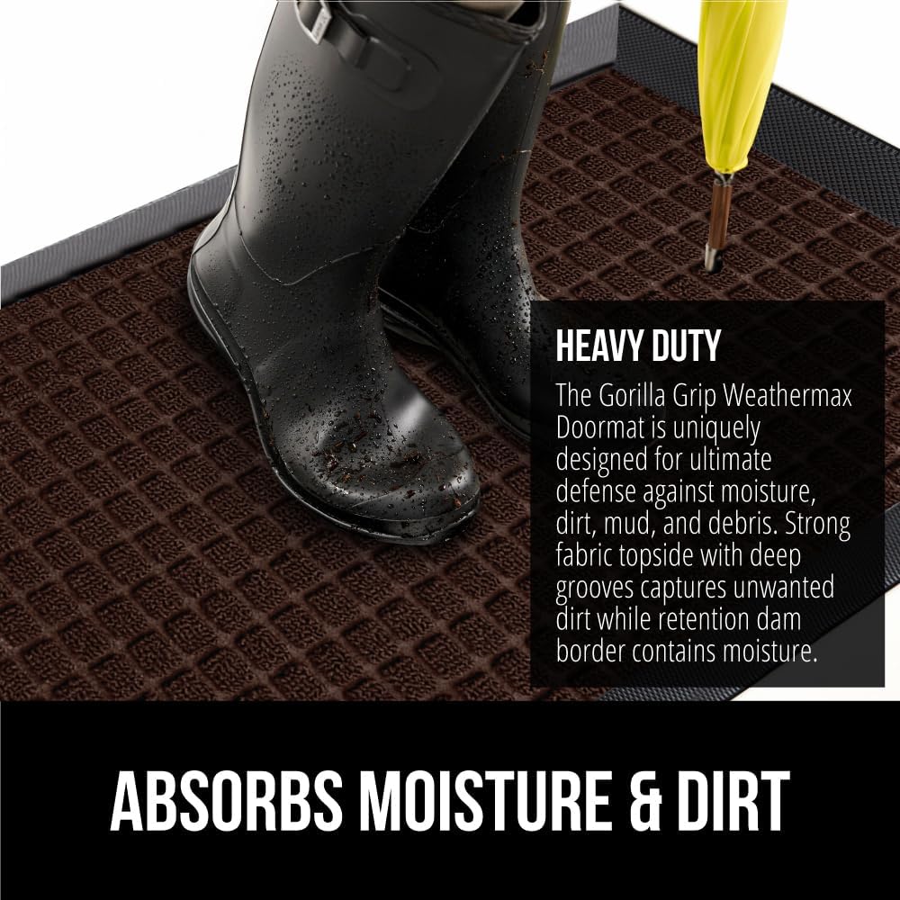 GORILLA GRIP 100% Waterproof All-Season WeatherMax Doormat, 34x58, US Designed Natural Rubber, Stain and Fade Resistant, Low Profile Indoor Outdoor Door Mats, Easy Clean Patio Mat, Coffee Squares