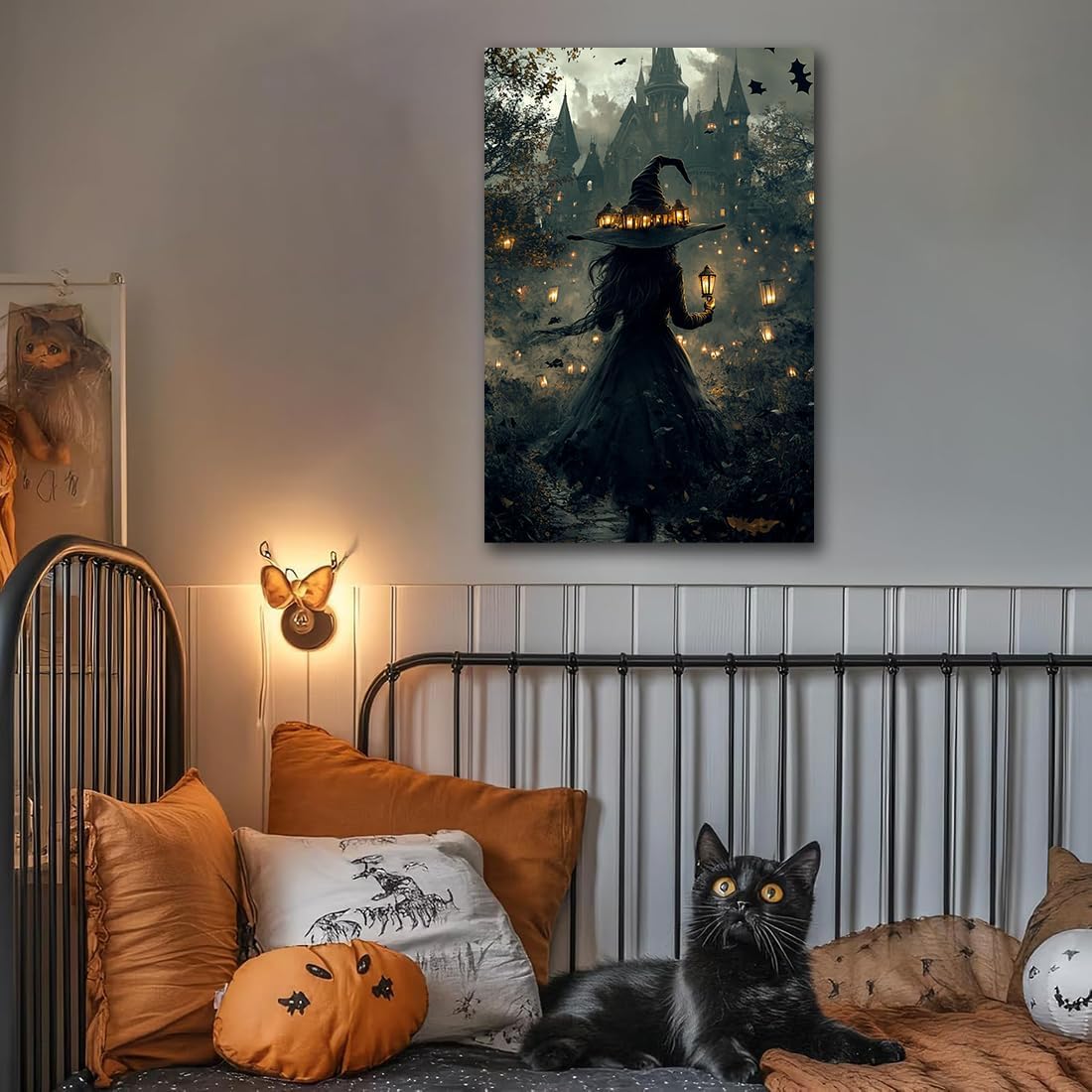 Halloween Witch and Haunted House Canvas Wall Art,Dark Academia Scary Witch Castle Posters Prints,Thriller Horror Gothic Wall Decor Pictures for Halloween Party House Decoration,20"x30" Unframed