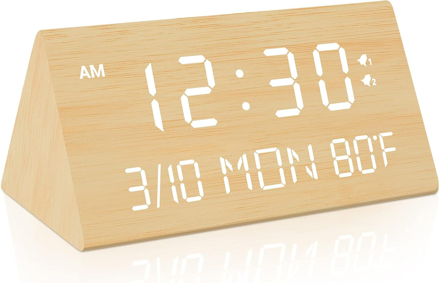 Kogonee Wooden Digital Alarm Clock, 0-100% Dimmer, 2 Alarm Settings, Weekday/Everyday Mode, 9 Mins Snooze, 12/24H, Temperature and Date Display for Office, Travel, Bedroom Alarm Clock (Bamboo)