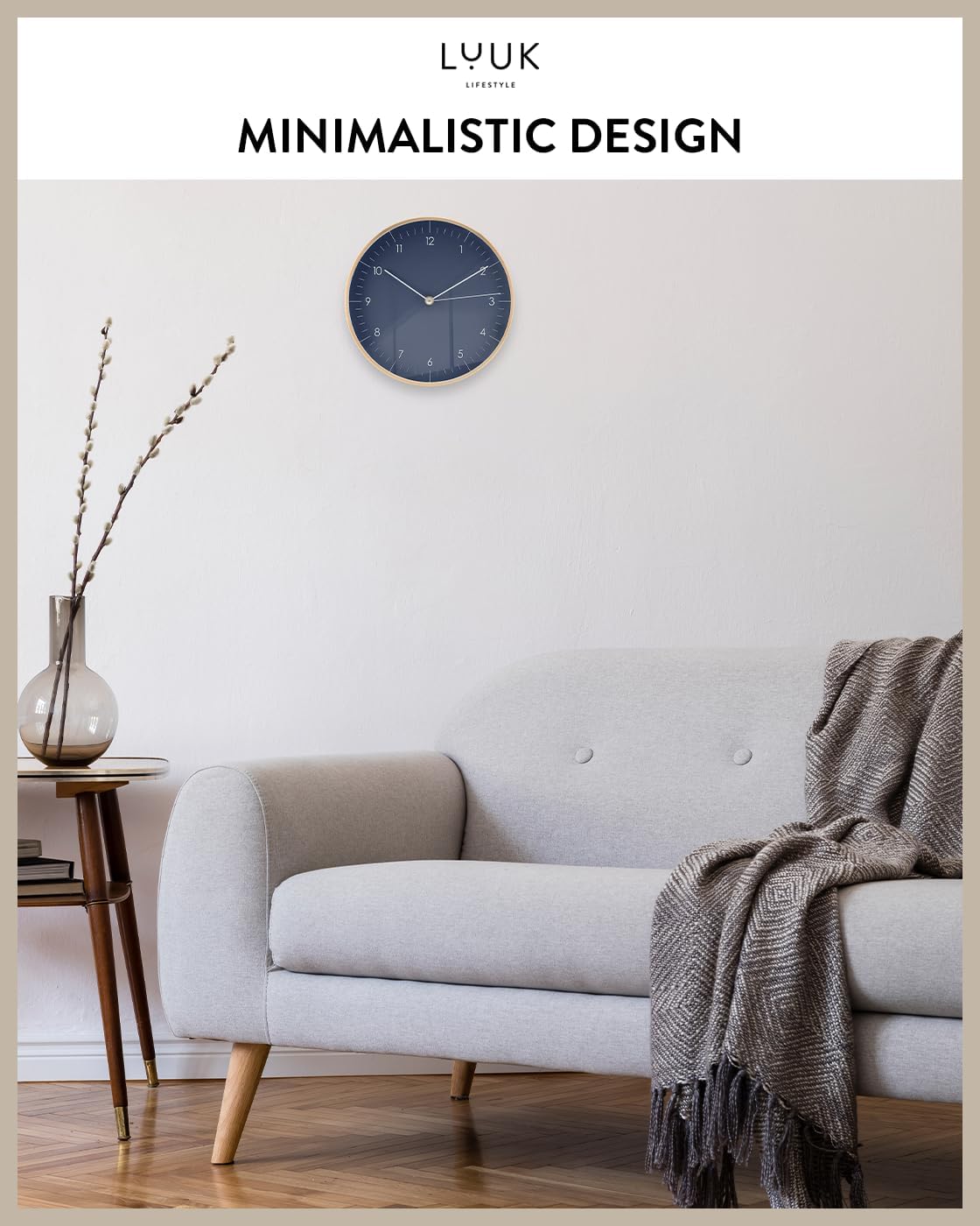 LUUK LIFESTYLE Modern Quartz Wall Clock with Silent Movement, Scandinavian Design, Kitchen and Living Room Clock, Gift idea, Trendy Home Decor, 10 inch, in Dark Blue and Gold