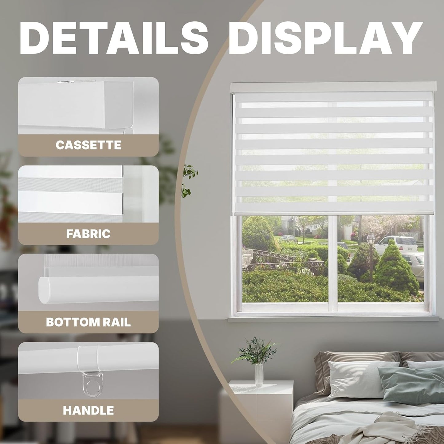 HESTIA Cordless Zebra Blinds Light Filtering Roller Shades Blackout Indoor Window Blind for Home Office,White,40" W x 54" H