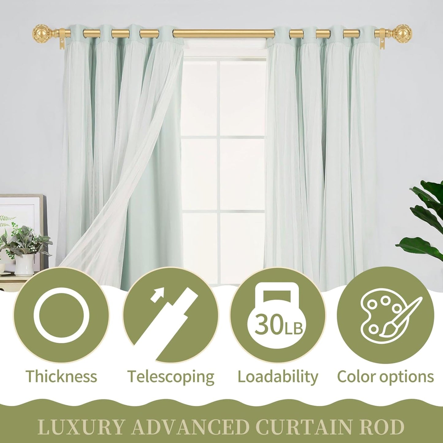 Gold Adjustable Curtain Rods for Windows:Farmhouse Heavy Duty Curtain Rod for Bedroom Living Room,Boho Decorative Rustic Drapery Rod with Vintage Coastal Finials,Brass Gold 2 Pack 66-120"
