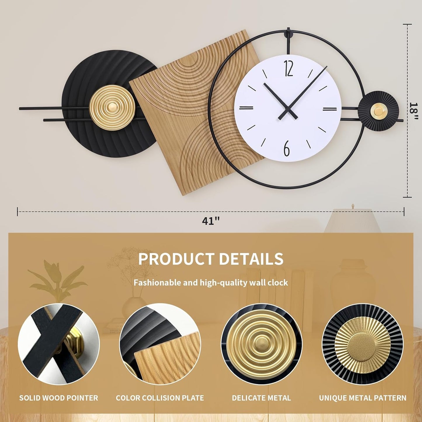 37.7X21Inch Large Modern Wall Clock Geometric Dial-Solid Wood Metal Frame Silent Non Ticking Wall Clocks for Living Room, Bedroom Decoration, Contemporary Home Wall Decor Gift Idea