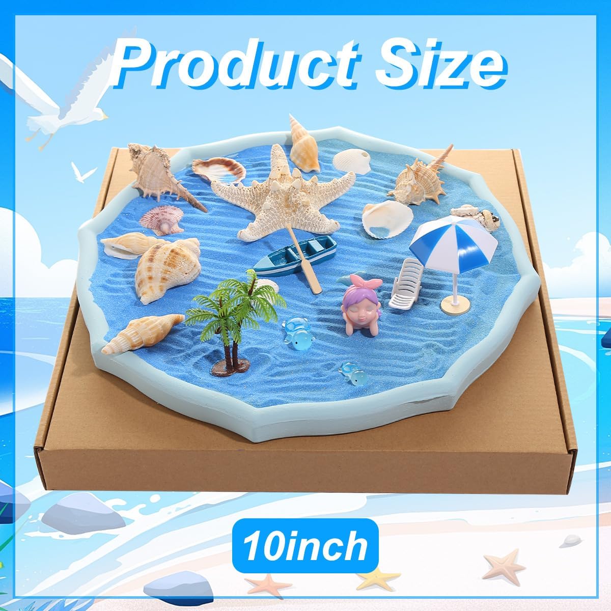 Desktop Zen Garden Kit - Ocean Themed Decor Sand, Natural Shells Starfish Conch, Mermaid Resin Summer Beach Desktop Decorations, Office Desktop Decoration Gift (Blue)