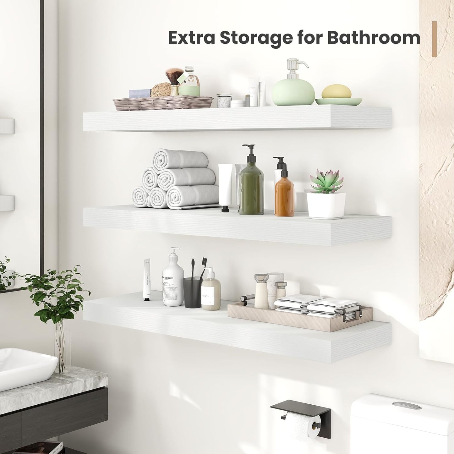 Heimlove 24 x 12 Inch Deep Floating Shelves Wall Mounted with Invisible Brackets,Storage Hanging Shelf for Wall Decor in Bathroom, Bedroom, Toilet, Kitchen, Living Room, Office Set of 2 (White)