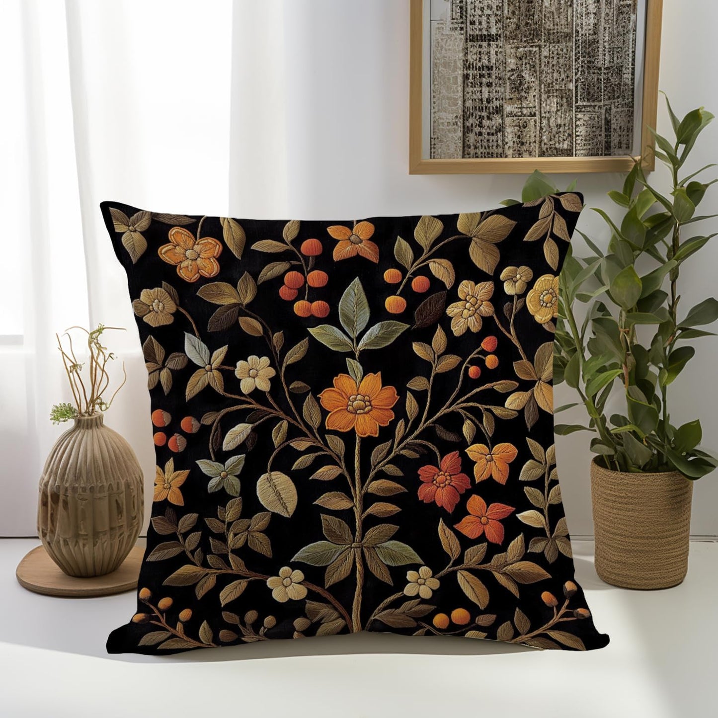William Morris Abstract Vintage Print Floral Velvet Design Throw Pillow Covers Home Decor, Retro Art Deco Pillowcase Cushion Cover for Bed Sofa Living Room, Square 18x18inch (Black-Floral)