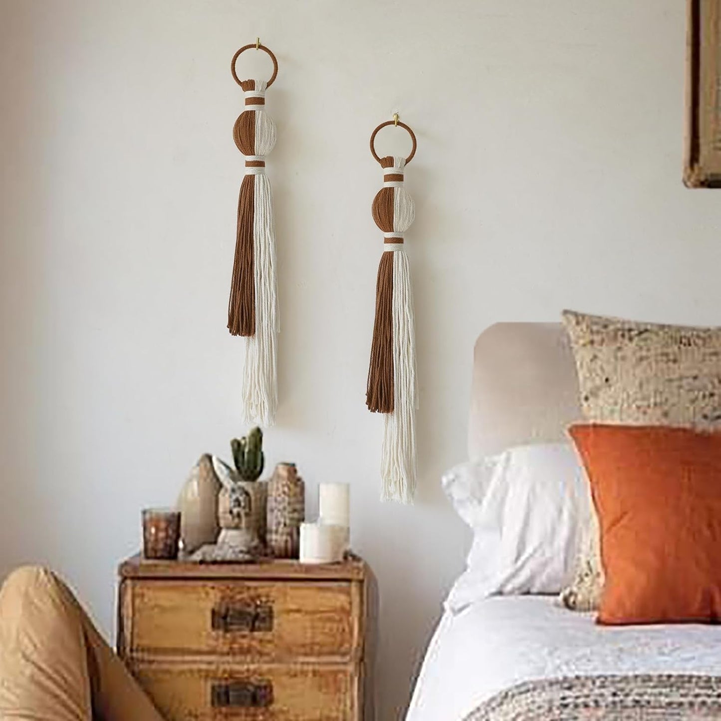 2Pcs Macrame Wall Hanging Boho Home Decor Fiber Art with Sphere Knots Tassels Handmade Yarn Art for Bedroom Living Room Office Entryway