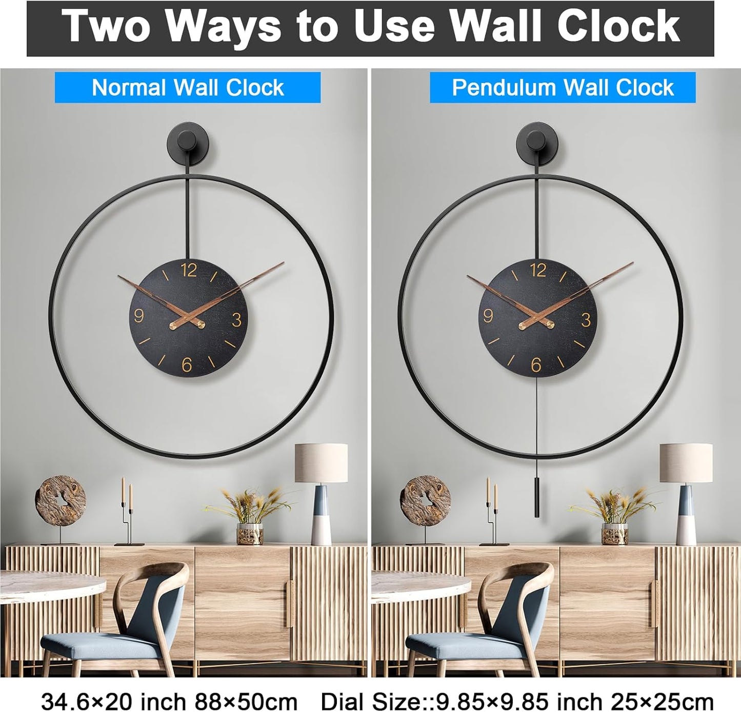 Large Modern Wall Clock,30.7× 20 Inch Big Metal Minimalist Arabic Numeral Dial,Decorative Farmhouse Pendulum Wall Clocks with Walnut Pointers forLiving Room Decor, Office,Dining Room