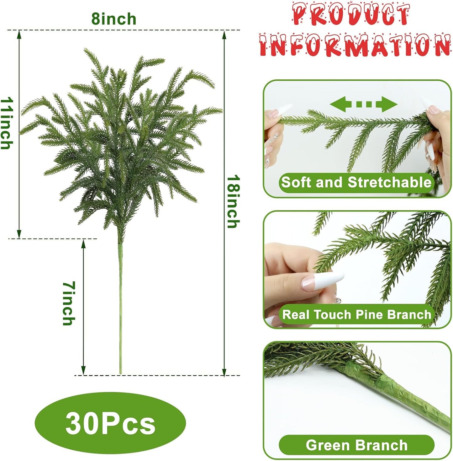 Artgar 30 Pcs Pine Branches - 18 Inch Artificial Green Pine Stem - Real Touch Christmas Greenery Pines Branches for DIY Flower Arrangement Home Indoor Christmas Decor