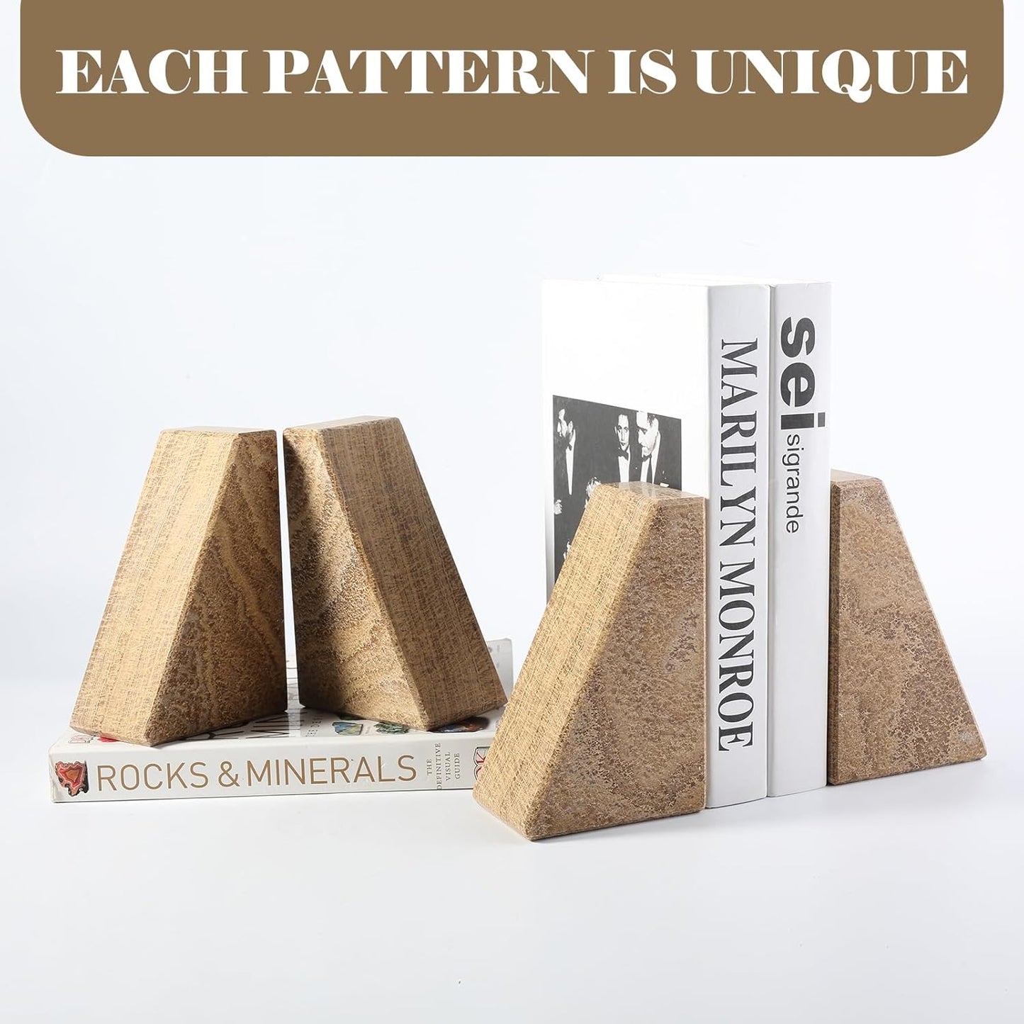 Marble Bookends for Heavy Books, Decorative Book Ends for Shelves, Unique Marble Stone Durable and Heavy Book Ends for Hardback Books & CDS, Book Stopper/Holder, Set of 2(Moca Jade)