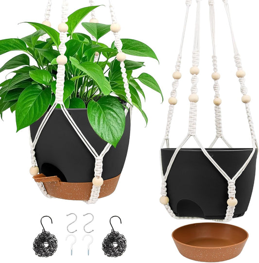 Hanging Planters for Indoor Outdoor Plants, 2 Pack Self Watering Hanging Pot with Drainage Holes, Removable Tray & 2 Kinds of Plant Hangers, 8'' Hanging Flower Pots for Home Garden Decor, Black