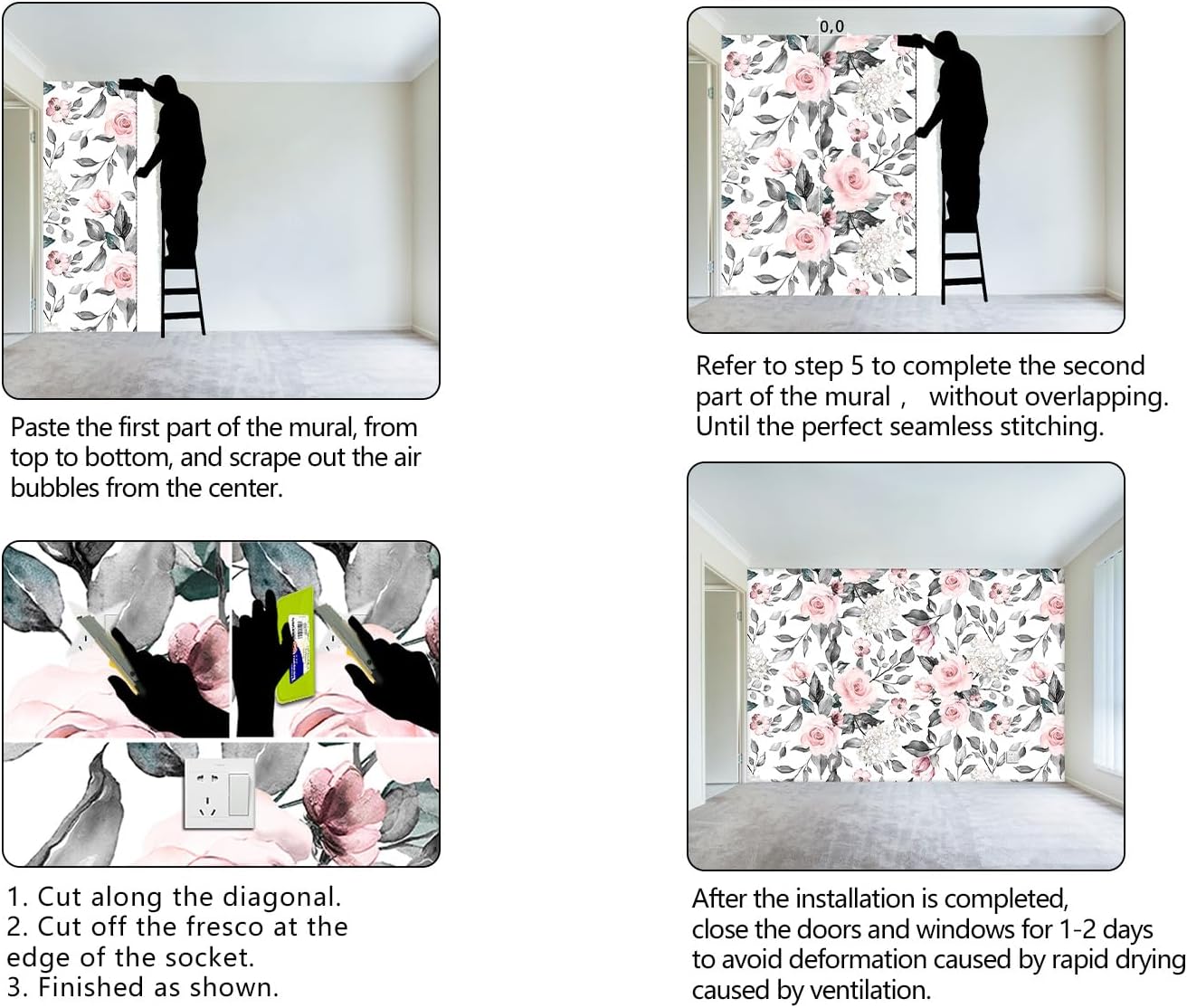 Grey Leaf Pink Flowers Mural Bedroom Floral Wallpaper Room Decor Living Room tv Background Large Wall Mural - 160"x108" (Not Peel and Stick)