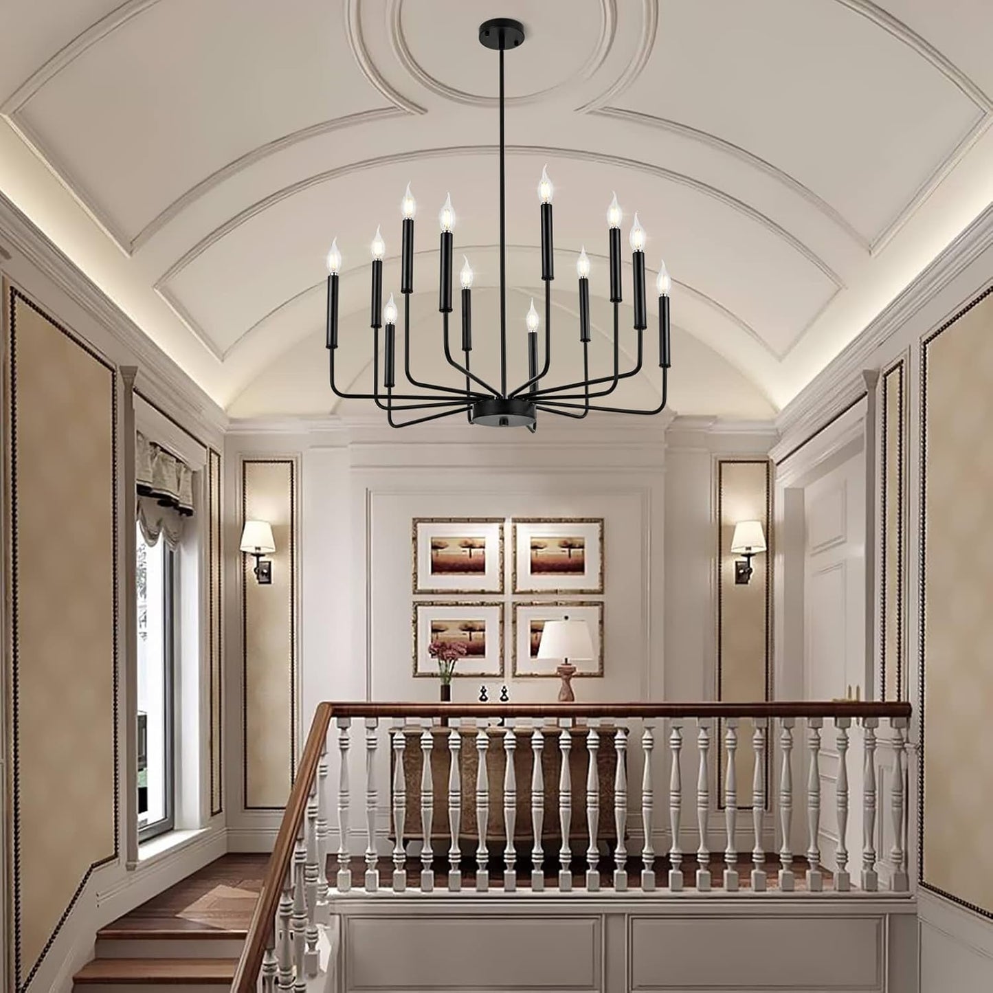 Modern Black Farmhouse Chandeliers, 12-Light Industrial Metal Chandelier Lighting, Classic Candle Hanging Pendant Light Fixtures for Living Room, Dining Room, Kitchen, Bedroom, Entryway