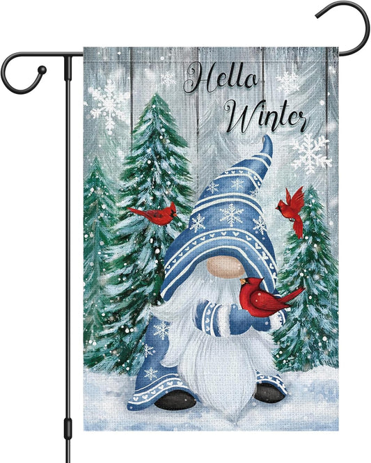 Hello Winter Gnome Garden Flag 12x18 Double Sided Burlap Cardinals Snowflakes Snow Yard Flags for Christmas Seasonal Outside Outdoor House Decoration (ONLY FLAG)