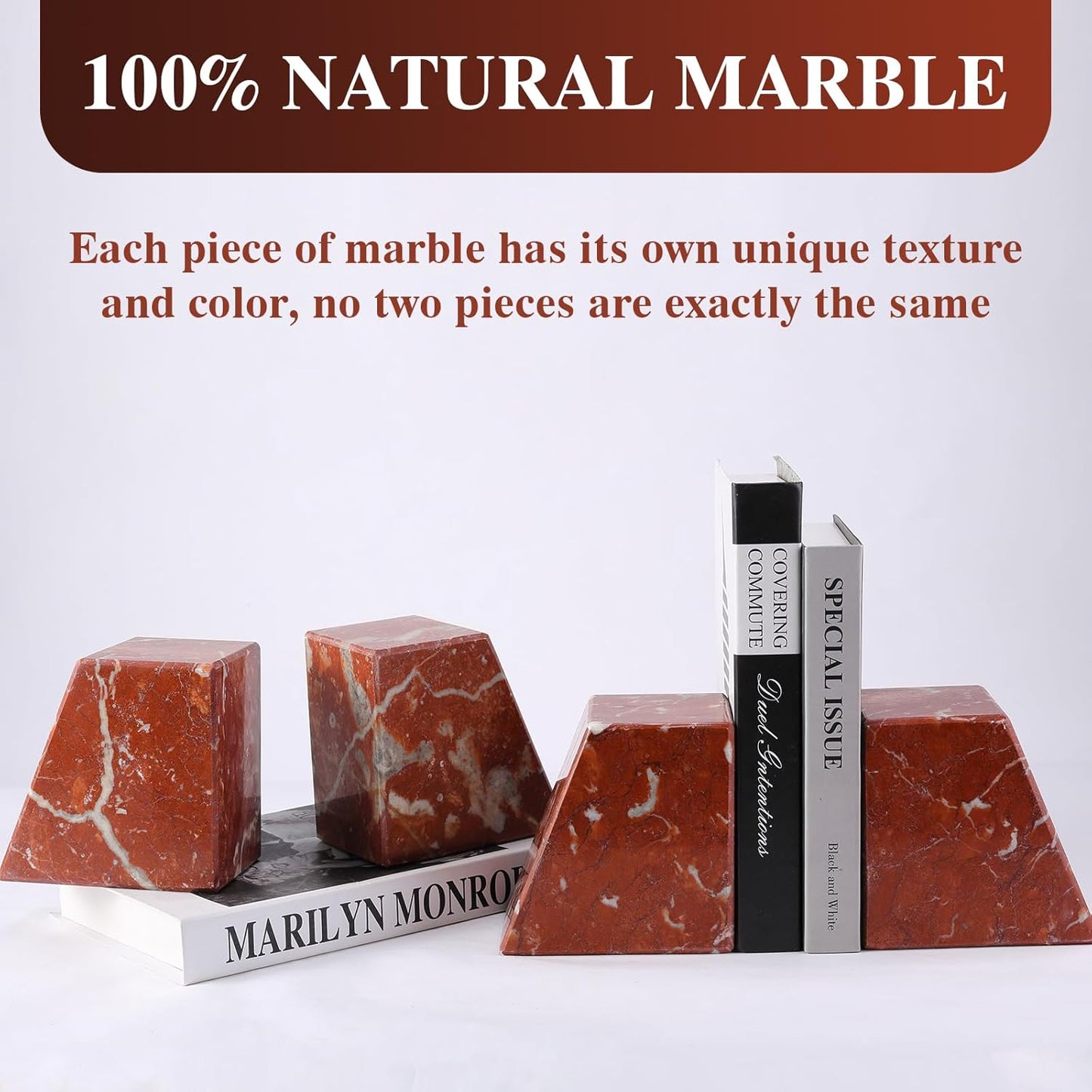 Marble Book Ends Decorative, Unique Bookends for Shelves，Bookends to Hold Heavy Books Durable Book Holder Stopper for Home Office Desk Bookshelf Decoration, Set of 2, Rosso Francia