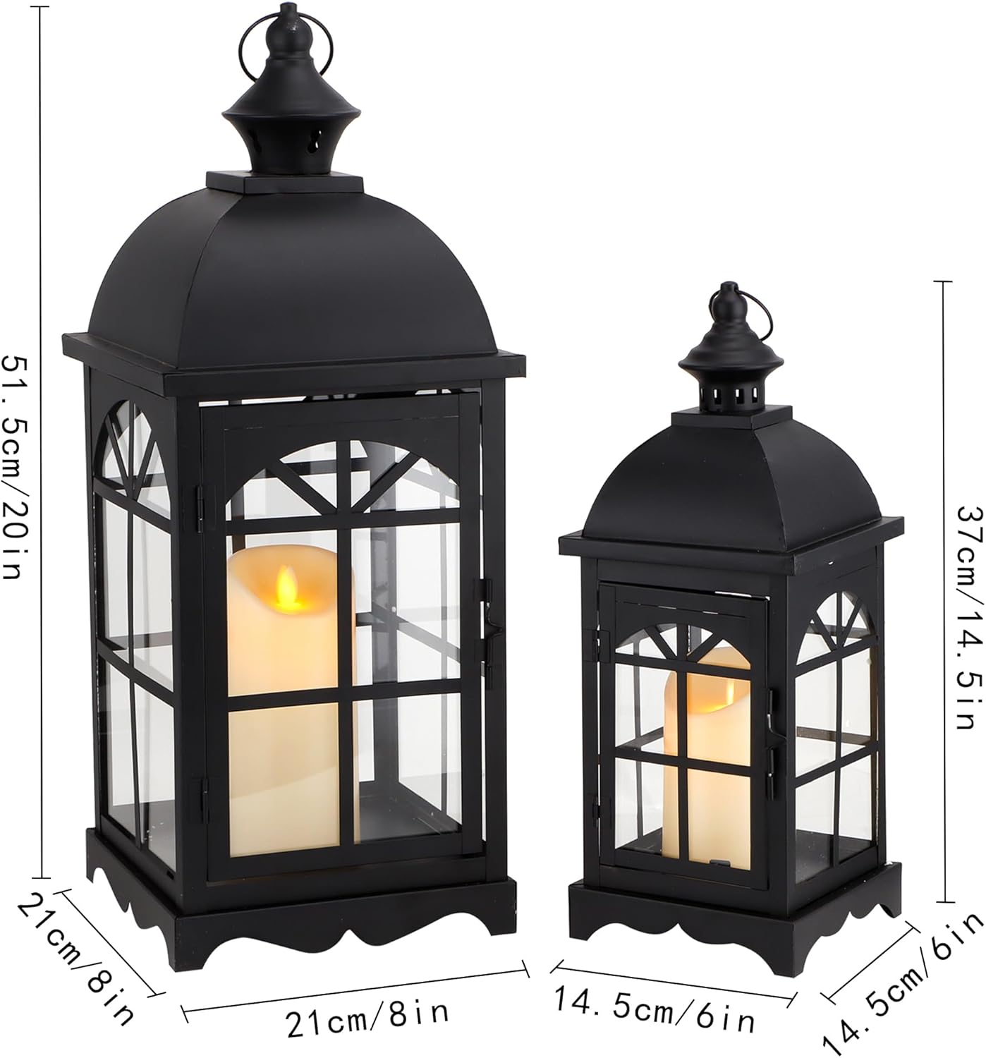 TRIROCKS Set of 2 Decorative Vintage Candle Lanterns 14.5"&20" H Farmhouse Outdoor Hanging Lanterns with Tempered Glass for Porch, Balcony, Patio, Home, Centerpieces, Indoor, Outdoor(Black)