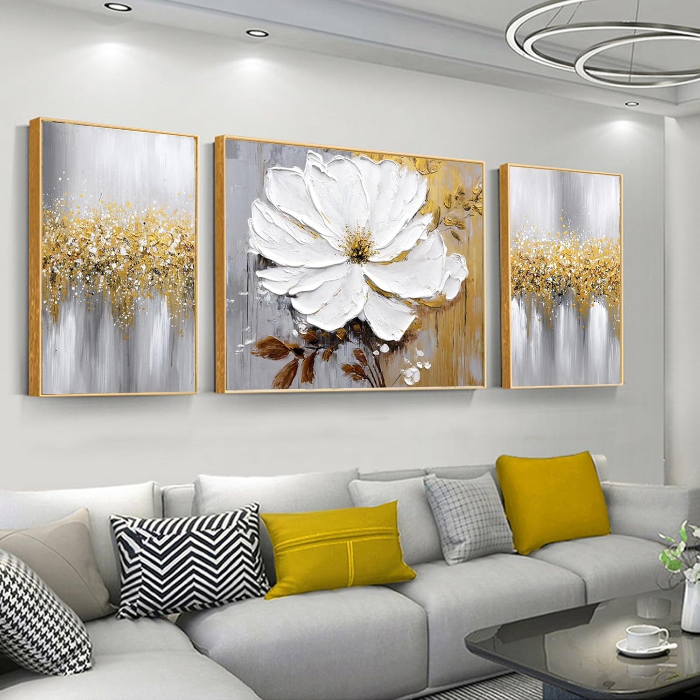 Hand-Painted Flower Oil Painting for Living Room,Framed 3D Gold and White Abstract Wall Art for Bedroom, Large 3 Pieces Floral Wall Painting for Office Home Decor 24x64 inches