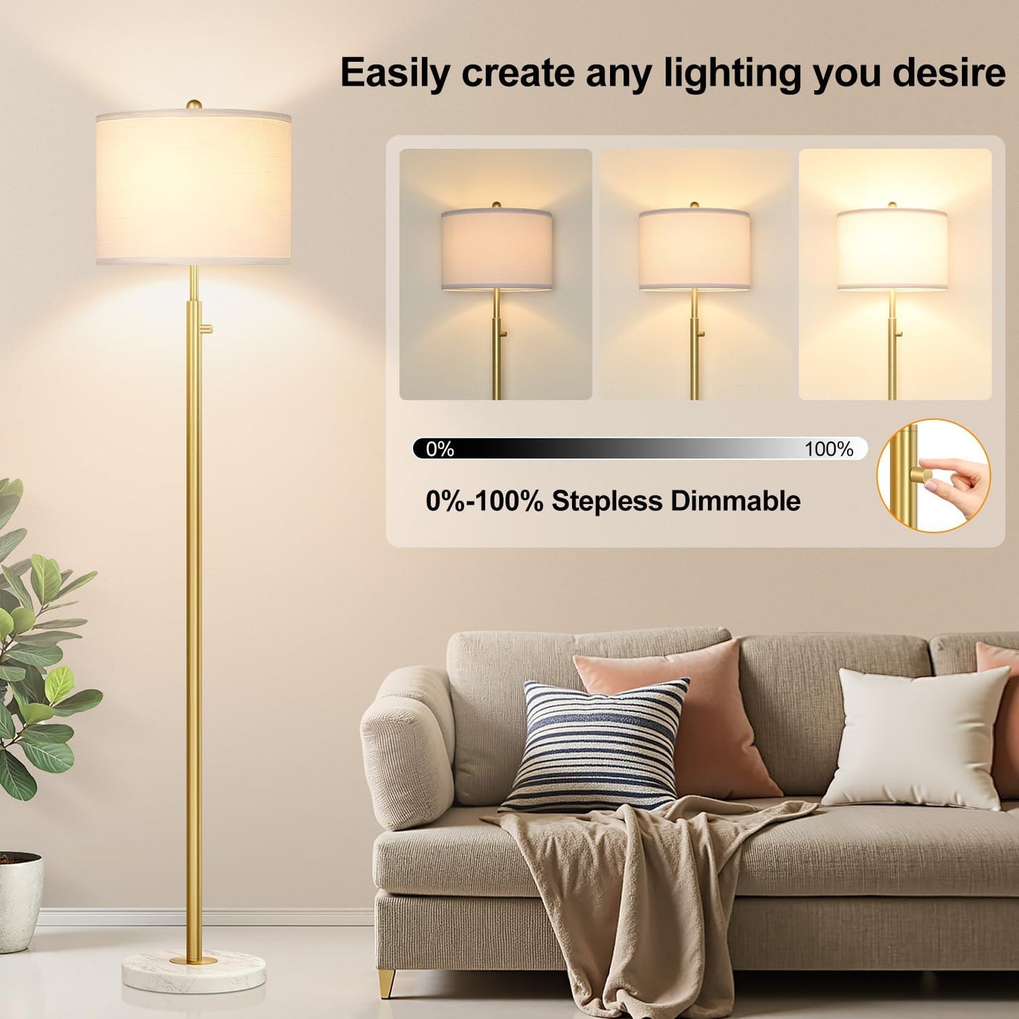 【Upgraded】Dimmable Gold Floor Lamps for Living Room, 11W LED Bulb Included, Modern Standing Lamp with Marble Base, Tall Pole Light with White Linen Shade for Bedroom Reading Office Corner Nursery