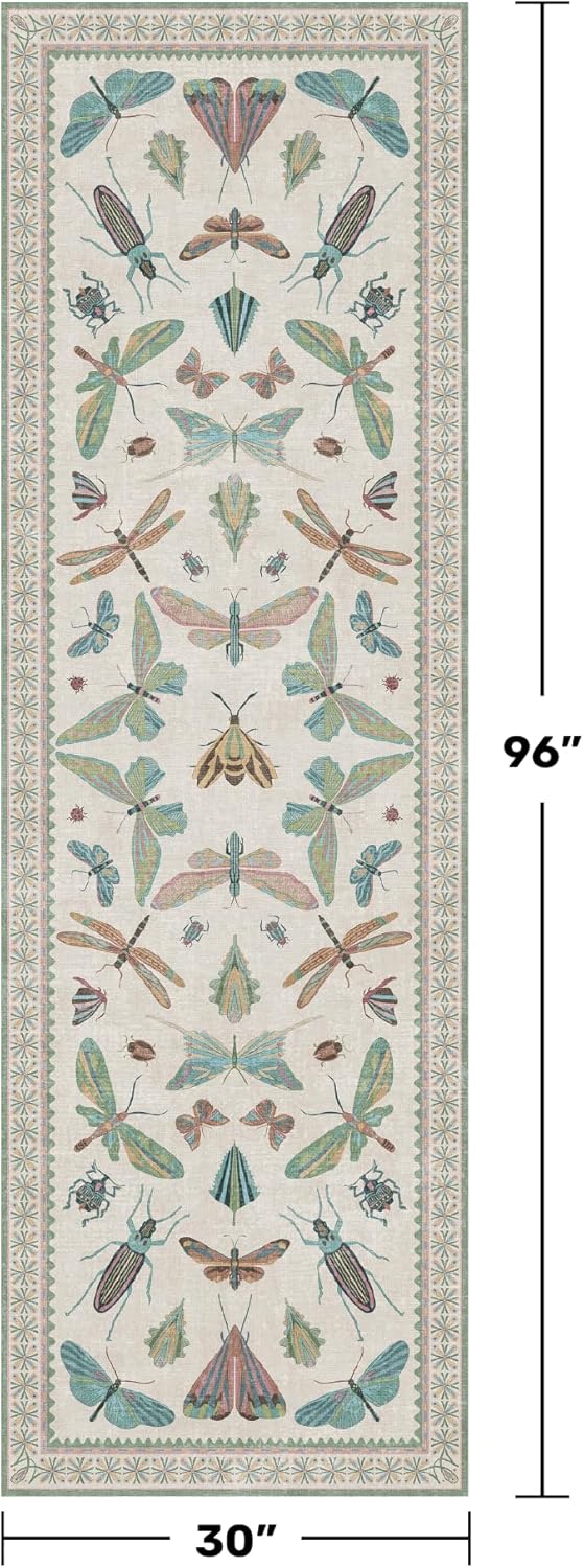 Insect Print Long Hallway Runner Rug - Light Green Rug for Kitchen Floor, Entryway Runner Rug, Washable Non Slip with Rubber Backing, Cool Butterfly Indoor Decor
