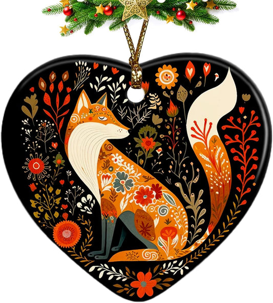 Fox Christmas Ornament - Cottagecore Botanical Heart Ceramic Decoration for Tree - Gift for Women