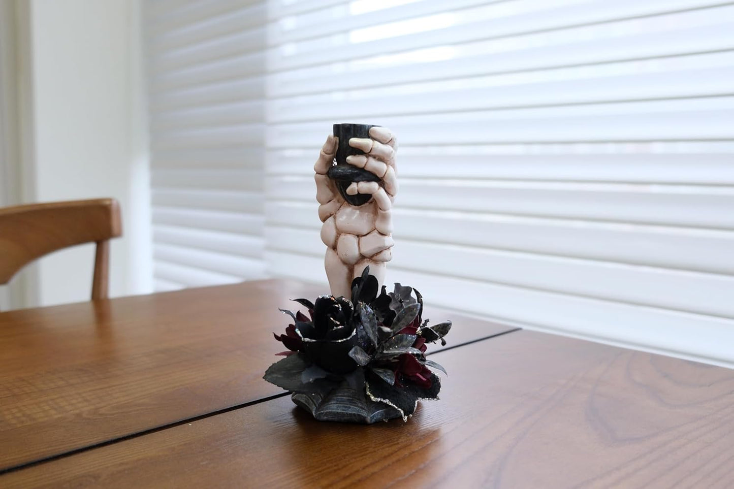 Skeleton Hand Halloween Candle Holder, Resin Candlestick Holder with Black&Burgundy Artificial Flowers Arrangement, Gothic Halloween Decor for Coffee Table/Dining Table Centerpiece, 6" Height