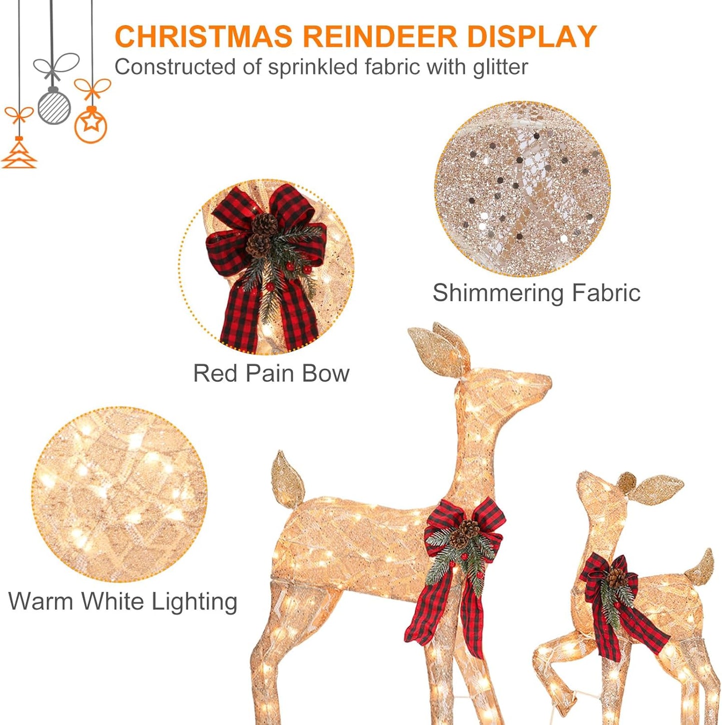 2 Pcs Reindeer Christmas Decoration, Xmas Lighted Golden Shimmering Doe and Fawn Display Set with 105 Warm White Lights for Yard Lawn Indoor Outdoor