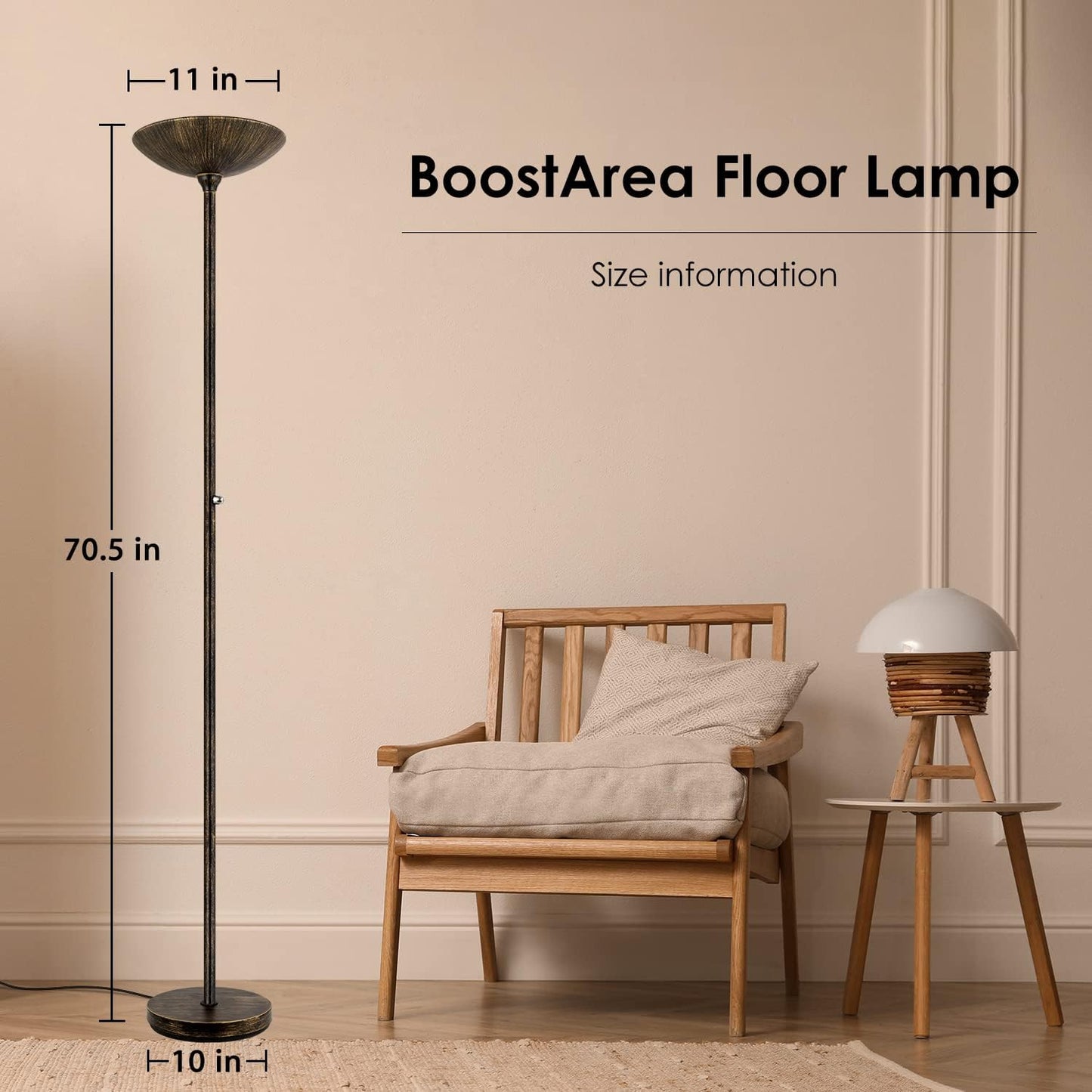 BoostArea Torchiere Floor Lamp Antique Bronze, 24W Super Bright LED Standing Lamp, 3000K Dimmable Pole Lamp with Rotary Switch, 70 Inch Tall Metal Modern Floor Lamps for Living Room/Bedroom/Office/Den