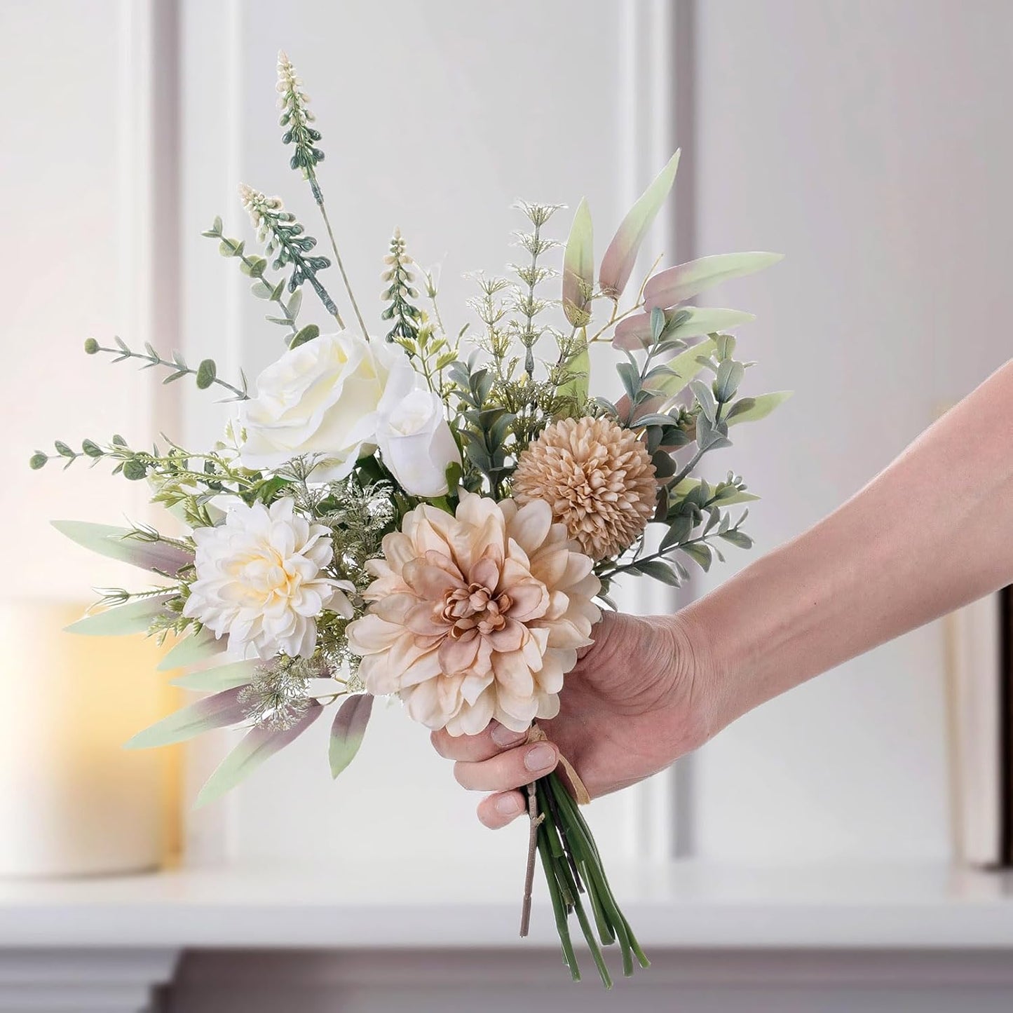 Fake Flowers in Vase, Artificial Flowers with Vase, 15.7'' Floral Arrangements for Dining Table Centerpiece Decor, Silk Roses & Faux Dahlia Bouquet for Farmfouse Kitchen Coffee Table Decor (Brown)