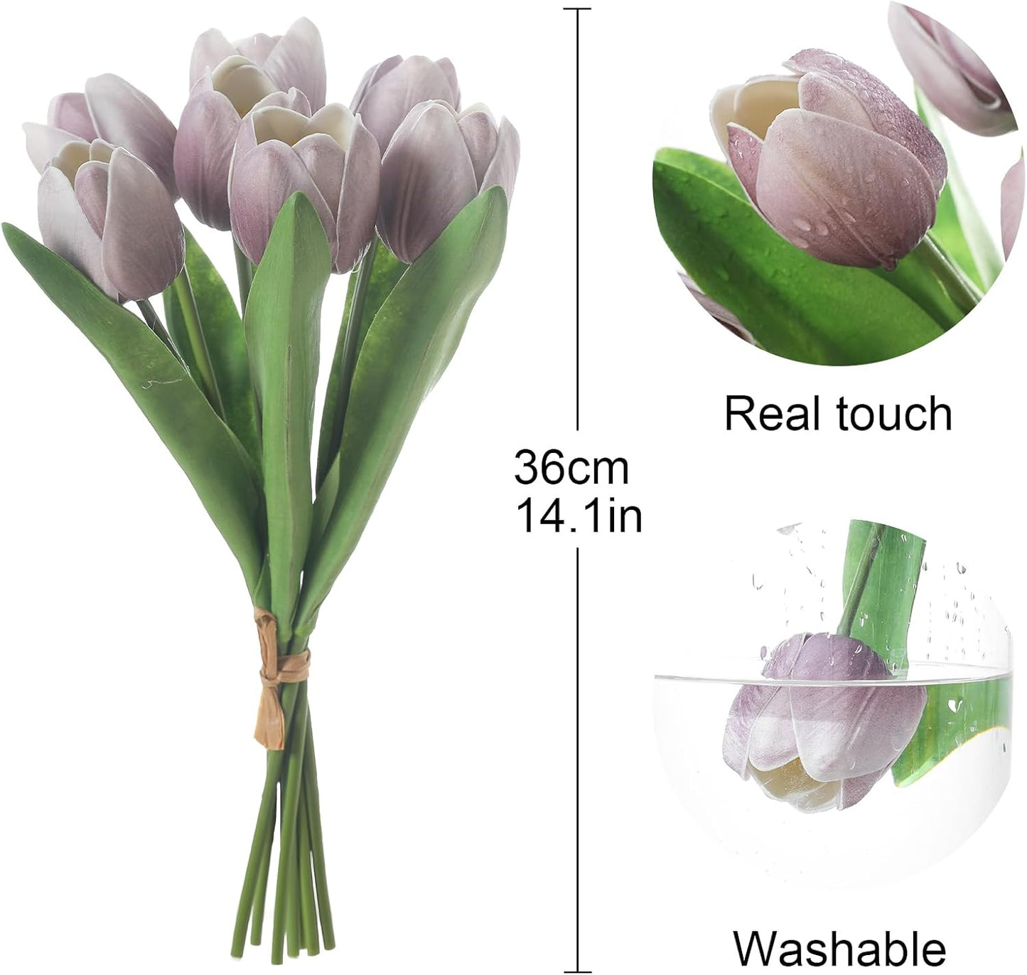 Light Purple Artificial Tulips, 2 Bundles 14Pcs, Fake Tulips Artificial Flowers, 2 x 2.4 Inch Large Flower Head Big Tulip, Easter Valentine's Day Mother's Day Home Decoration Flowers