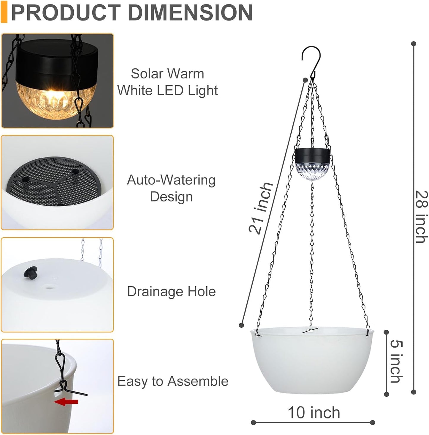 2 Packs Hanging Planters Basket for Outdoor Plants, Solar Powered Self Watering White Round Plastic Flower Pots with Drainer for Balcony Patio Garden Outdoor Decoration