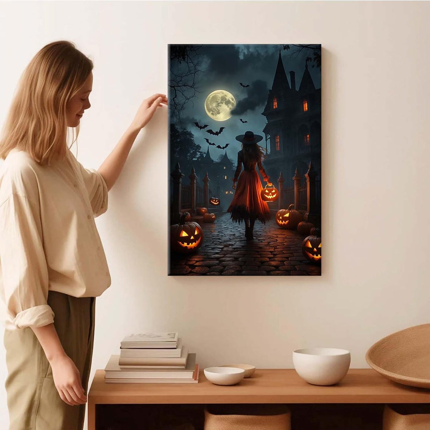 Halloween theme poster moonlit autumn night witch vintage poster art print dark college style gothic painting canvas wall decoration bedroom living room ideal gift28x40in Wood Framed