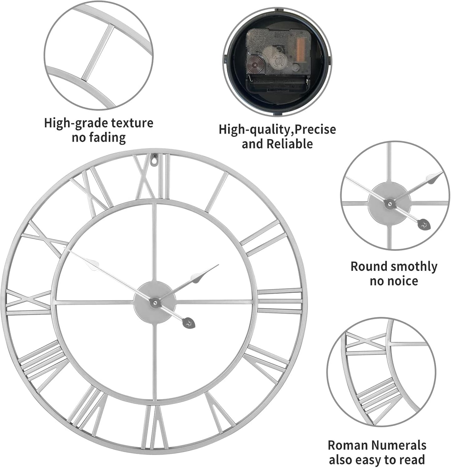 1st owned Large Wall Clock for Living Room Decor Silent Non-Ticking Decorative Wall Clock Roman Numerals Vintage Battery Operated for Kitchen Farmhouse Cafe Office Decor (Silver, 32 Inches)