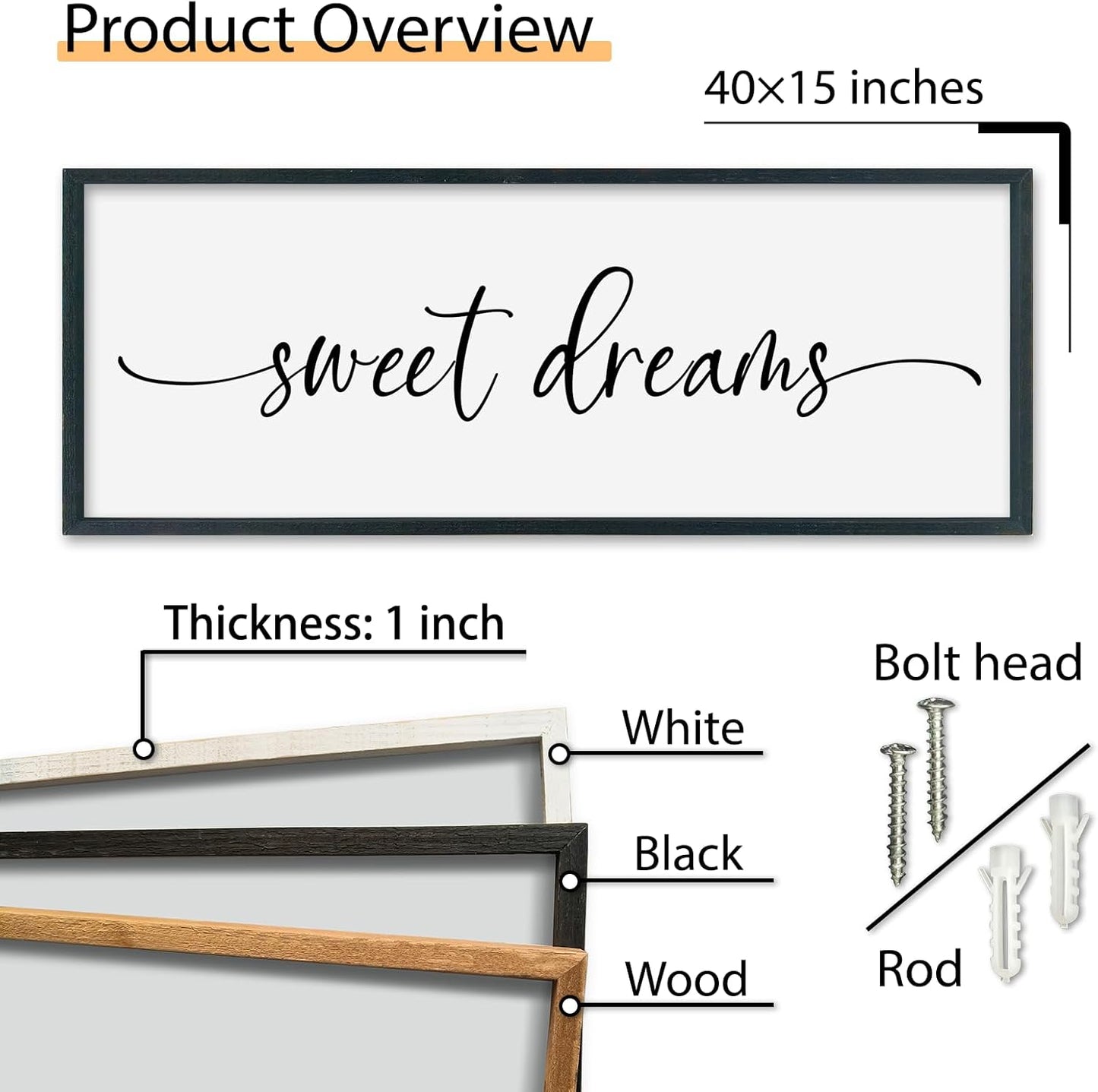 SRSZHIYUE Sweet Dreams Above Bed Wall Decor, 40"x15" Large Rustic Master Bedroom Over Bed Sign Guest Room Couples Wood Framed Farmhouse Horizontal Hanging Decoration (Black)