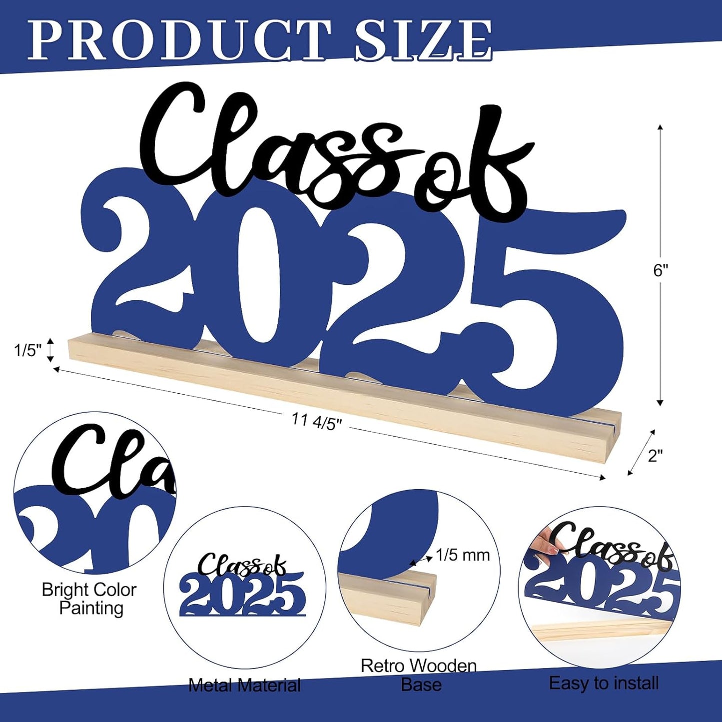 COCHIE Metal Class of 2025 Sign, Graduation Party Decorations for School, Home, Shelf, Mantel, Graduation Gifts for Graduate, Blue and Black Grad Table Top for Parties Decor Supplies (Class of 2025)