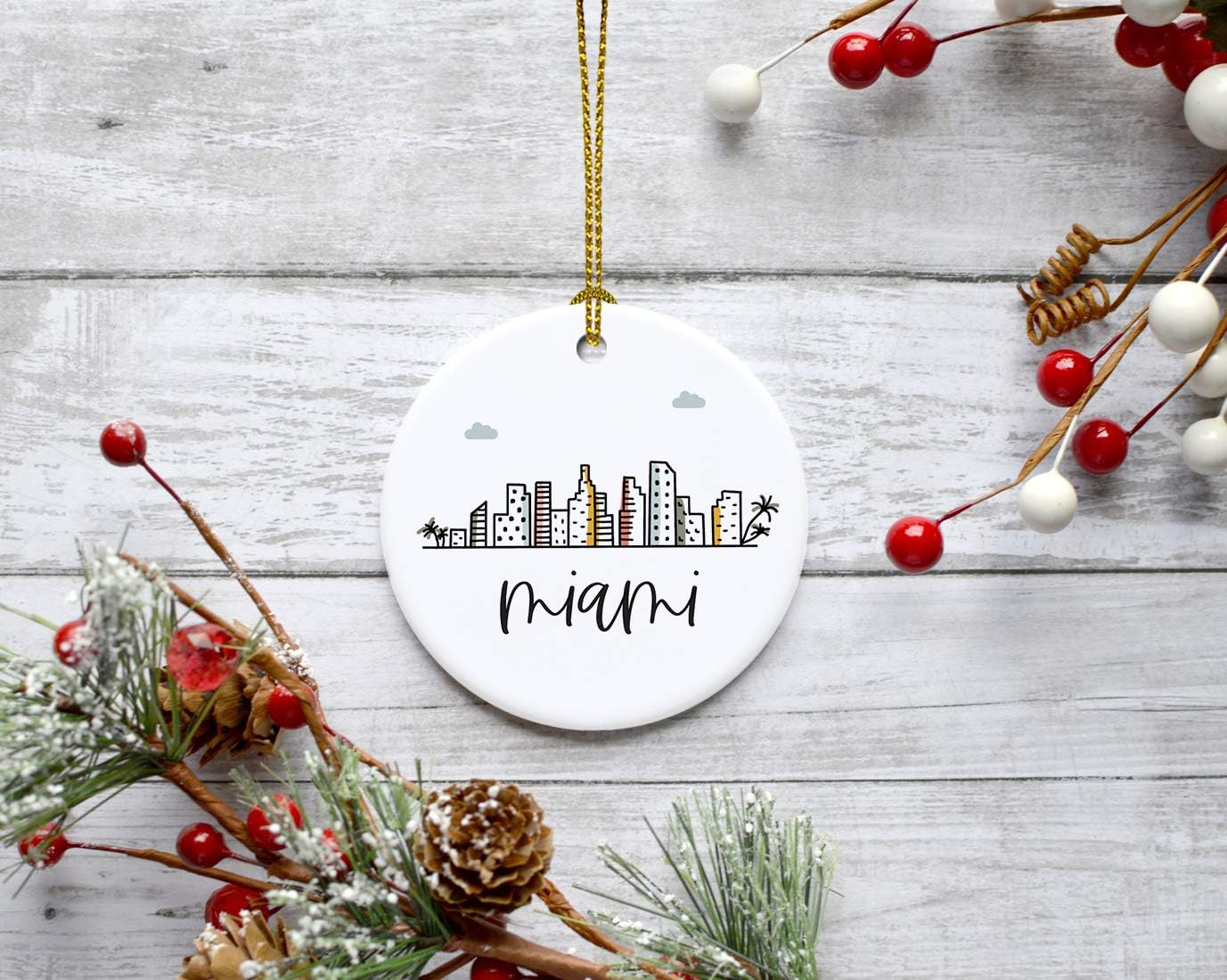 Andaz Press Round Ceramic Porcelain Christmas Tree Keepsake Gift, Colorful City Skyline Miami Ornament, 1-Pack, Birthday Ideas Family Coworker, Includes Box