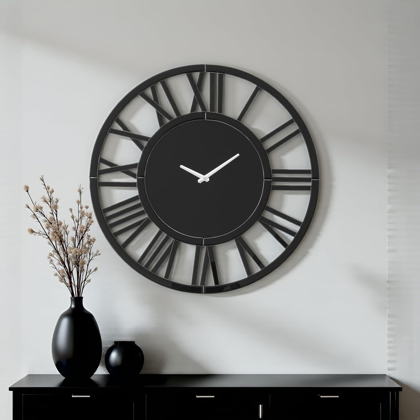 SHYFOY Large Wall Clock - 23.6" Modern Black Wall Clock with Roman Numerals, Decorative Wall Clocks for Living Room, Bedroom, Office - Easy to Hang, Silent Non-Ticking