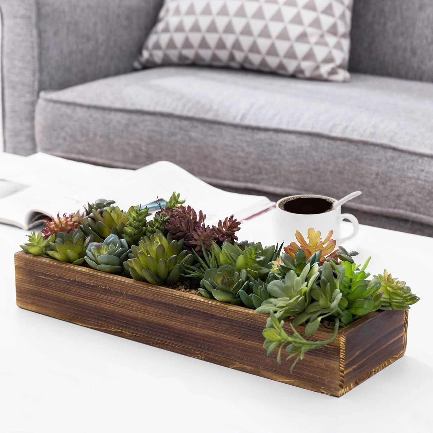MyGift Artificial Succulent Centerpiece, 15.75 Inch Faux Succulents Arrangement Plants in Rustic Burnt Wood Rectangular Planter Box