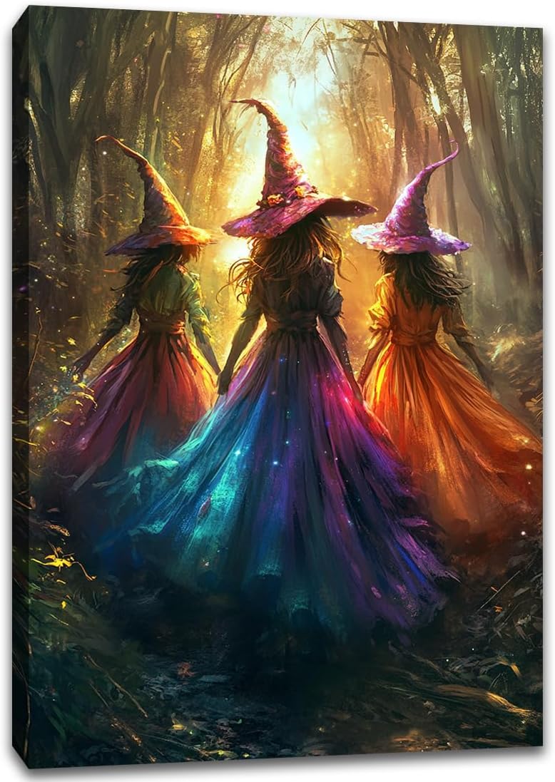 Halloween Room Decor Wall Art Colorful Witch Prints,Vintage Three Colorful Witches in Forest Halloween Posters,Fall Fantasy Aesthetic Pictures Playful Art Wall Decor for Bedroom,12"x18" Framed