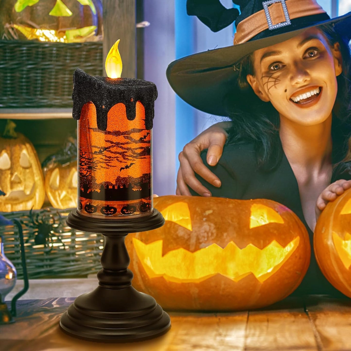 Halloween Snow Globe Candles Lighted Lamp, Lighted Flameless Candles with Water Glitter Swirls and Spooky Moving,Battery Operated