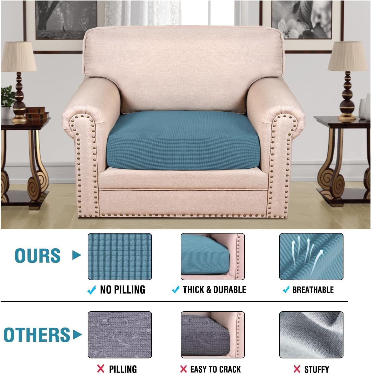 H.VERSAILTEX Super Stretch Individual Seat Cushion Covers Sofa Covers Couch Cushion Covers Slipcover Sets Thick Jacquard Textured Twill Fabric (1 Piece Chair Cushion Cover, Storm Blue)